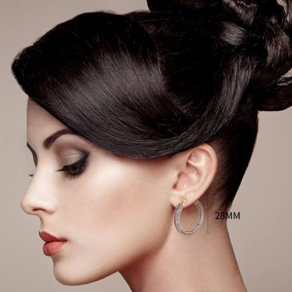 14K Yellow Gold Sterling Silver and Purple Amethyst Cubic Zirconia Hoop Earrings - Picture 4 of 6